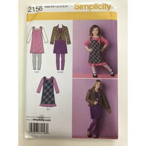 Simplicity Sewing Pattern 2156 Girls Jumper Jacket Leggings Dress Top Size 7-14
